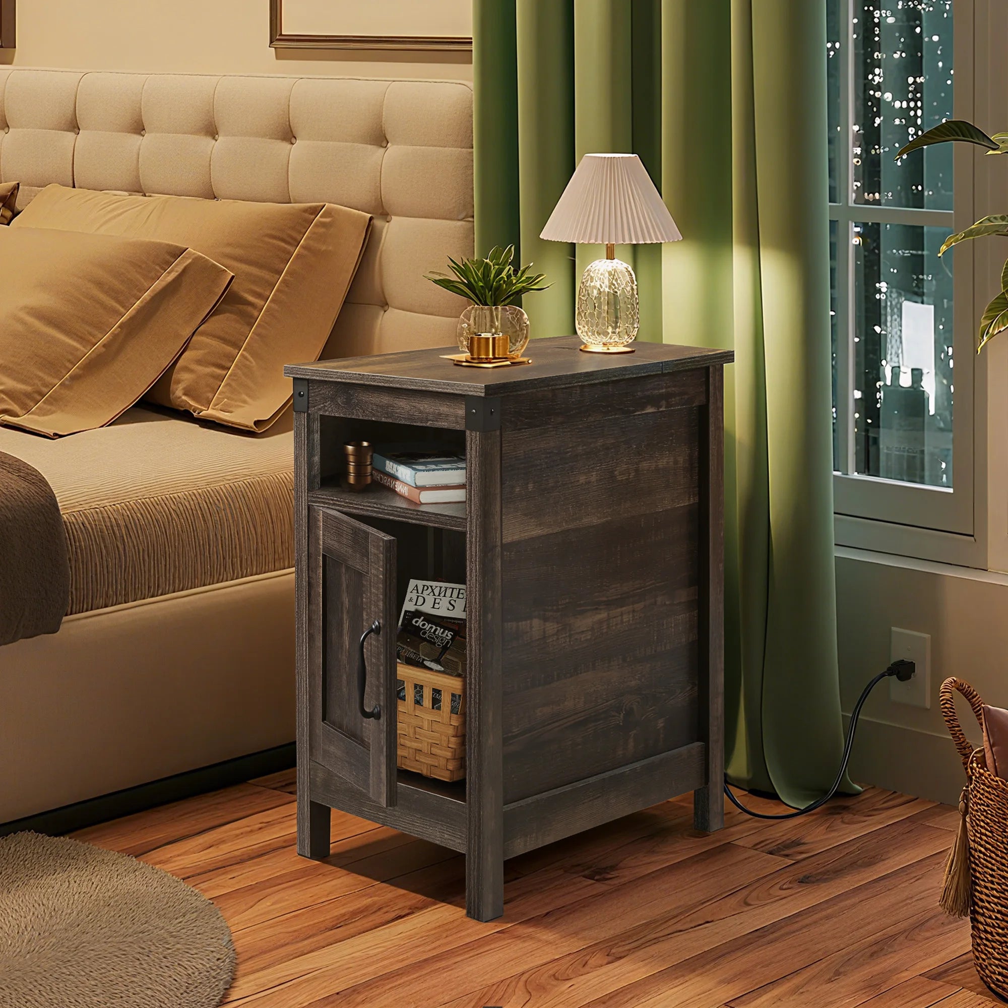 1pc Narrow End Table with Charging Station, Farmhouse Night Stand with Storage, Small Wooden Cabinet with USB Ports and Outlets