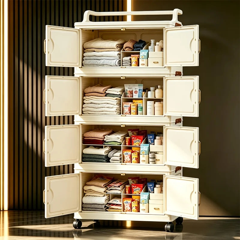 Cream white foldable storage cabinet, no assembly needed, stackable and collapsible plastic storage box, with gold double door handles and safety side latches, top handle for carrying, quiet rollers, slim narrow dustproof