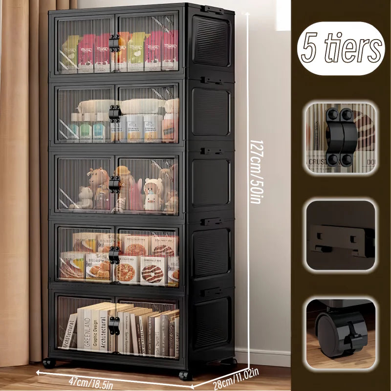 3/4/5/6-Tier Foldable Storage Cabinet with Clear Double Doors, Foldable and Stackable Plastic Storage Boxes with Wheels, Large-Capacity Rolling Organizer