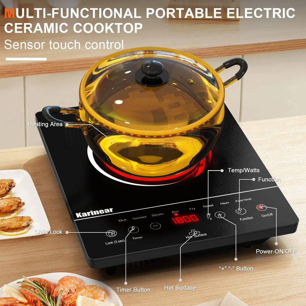 Portable Electric Cooktop, Single Burner Ceramic with Touch Control, Child Safety Lock, Timer, Residual Heat Indicator, Overheat Protection, 1800W 110V Infrared Burner | Sensor Touch Control