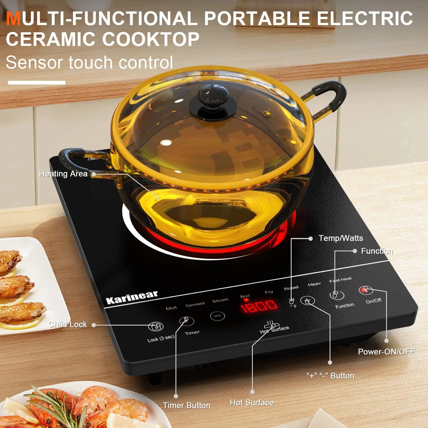 Portable Electric Cooktop, Single Burner Ceramic with Touch Control, Child Safety Lock, Timer, Residual Heat Indicator, Overheat Protection, 1800W 110V Infrared Burner | Sensor Touch Control