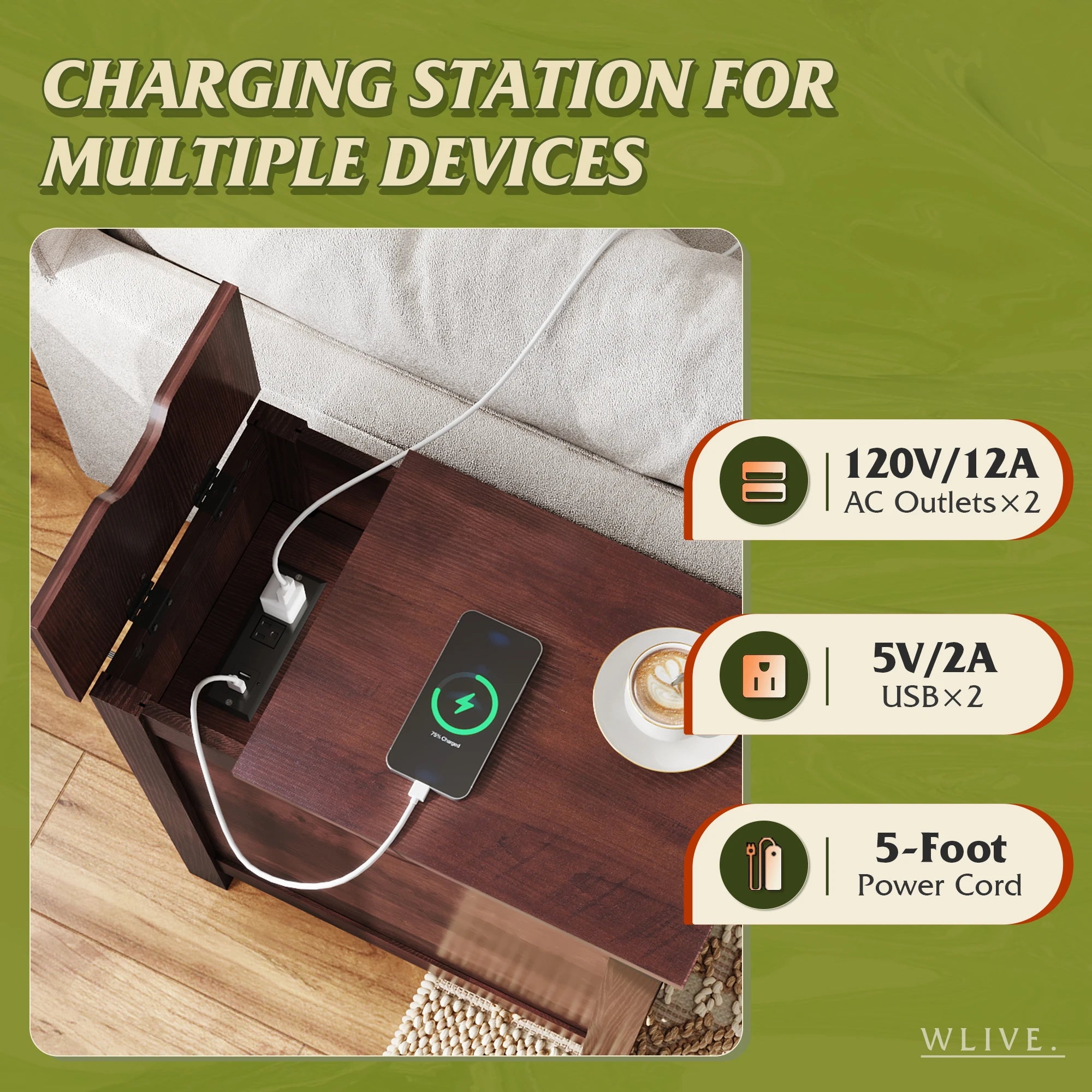 1pc Narrow End Table with Charging Station, Farmhouse Night Stand with Storage, Small Wooden Cabinet with USB Ports and Outlets