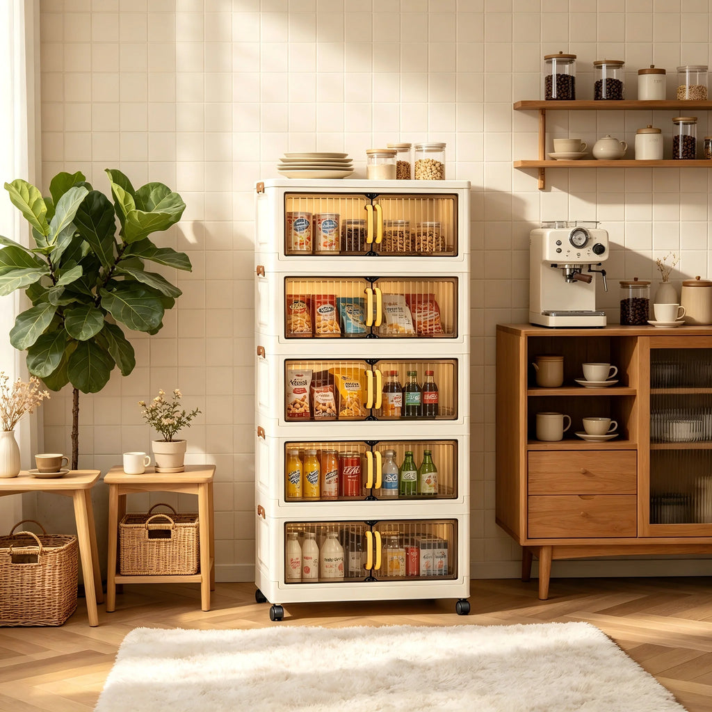 23.62in 3/4/5 Tier Foldable Plastic Storage Cabinet with Wheels, Double Transparent Door Organizer, Large Storage Chest, Latches for multi-room use