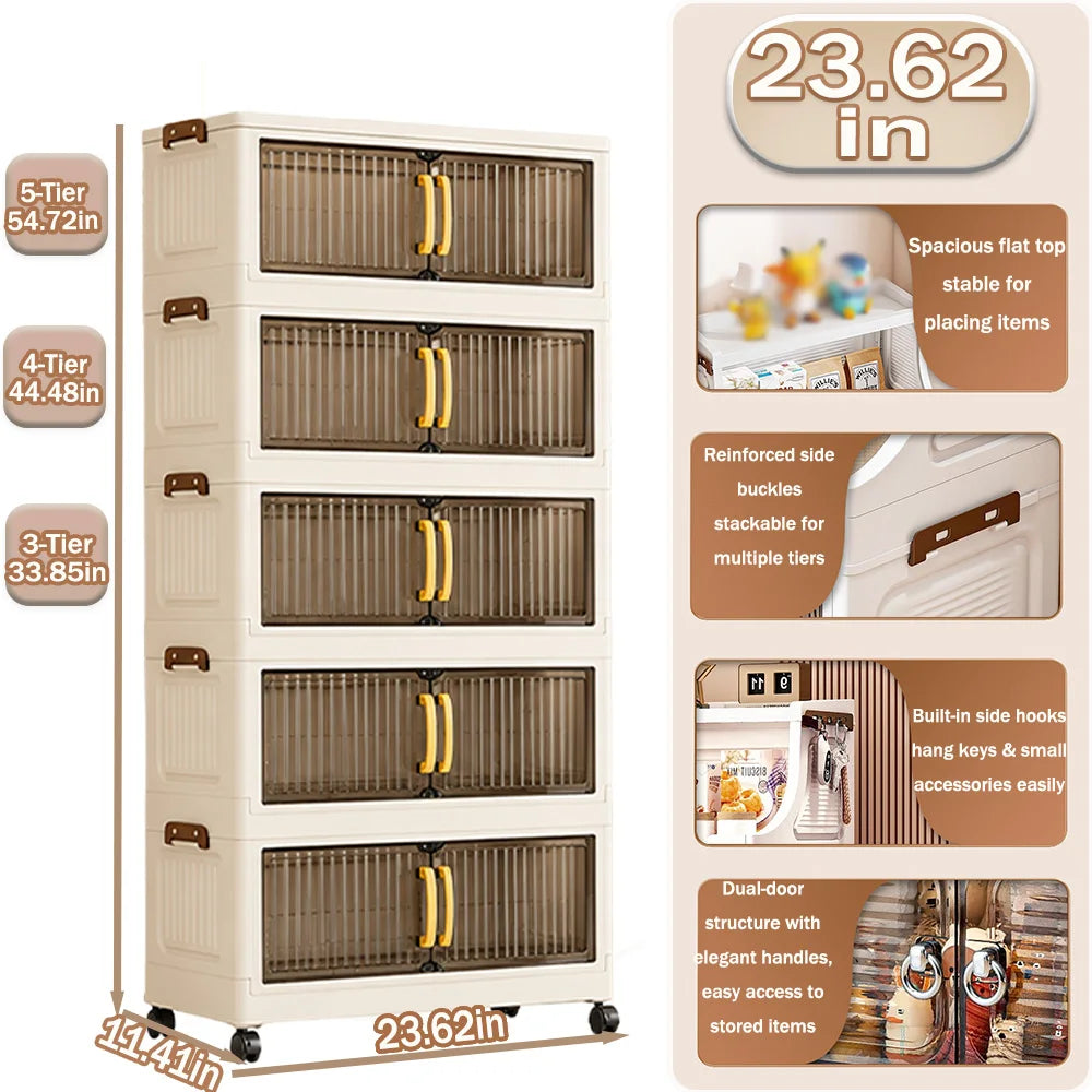 23.62in 3/4/5 Tier Foldable Plastic Storage Cabinet with Wheels, Double Transparent Door Organizer, Large Storage Chest, Latches for multi-room use