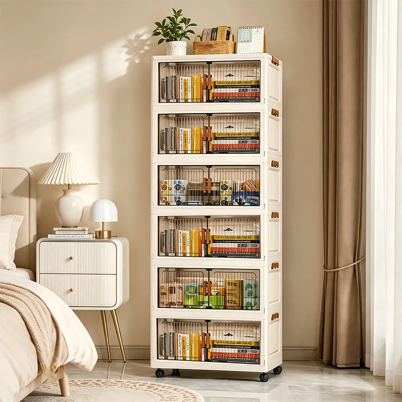 19.7in 3/4/5/6-Tier Plastic Foldable Storage Cabinet with Wheels with Magnetic Doors, Collapsible No Assembly Required, Beige