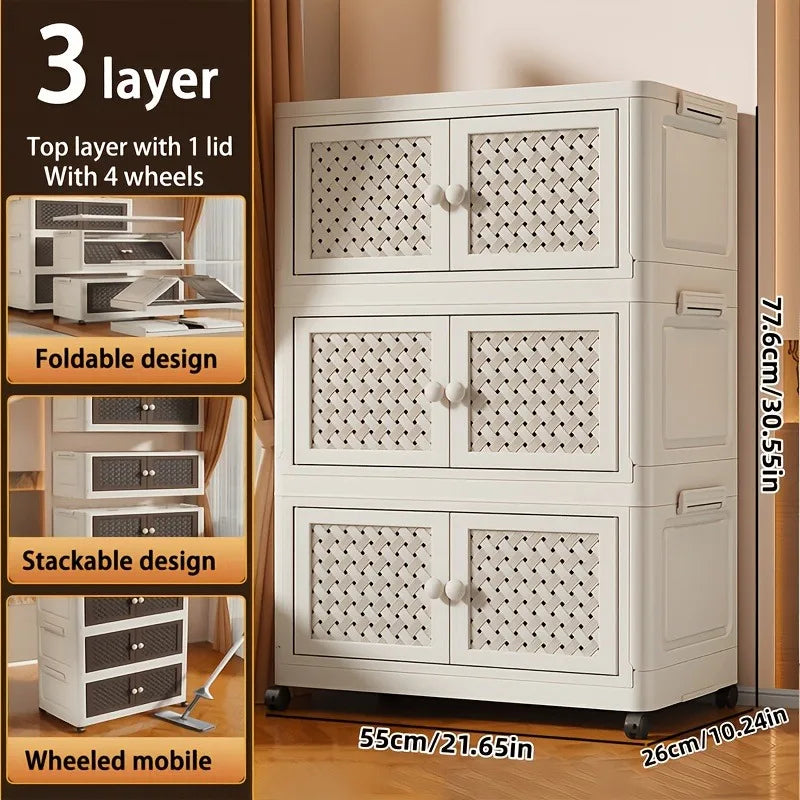 Cream-colored Foldable Storage Cabinet, No Assembly Needed, Stackable and Foldable Plastic Storage Box with a Breathable Woven Hollow Design, Magnetic Double Doors with Round White Knob Handles, 360° Silent Wheels, Wall-Moun