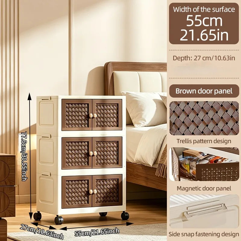 Multi-layer foldable and stackable plastic storage cabinet, no assembly needed, foldable rolling storage box with magnetic breathable woven double doors and round ball handles, 55×27 cm storage box, side clasps and swivel wh