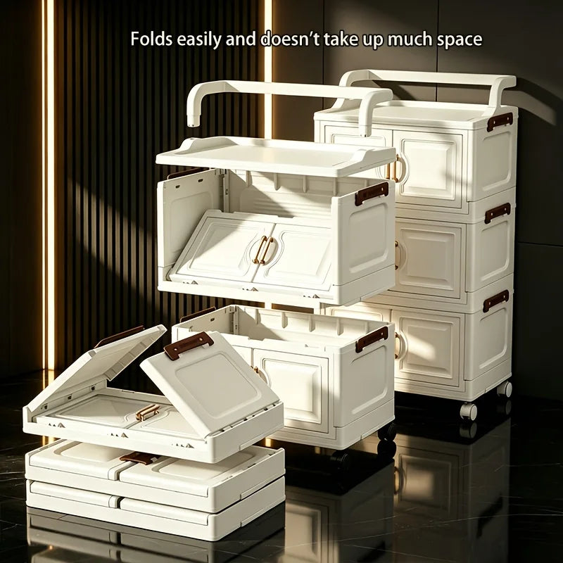 Cream white foldable storage cabinet, no assembly needed, stackable and collapsible plastic storage box, with gold double door handles and safety side latches, top handle for carrying, quiet rollers, slim narrow dustproof