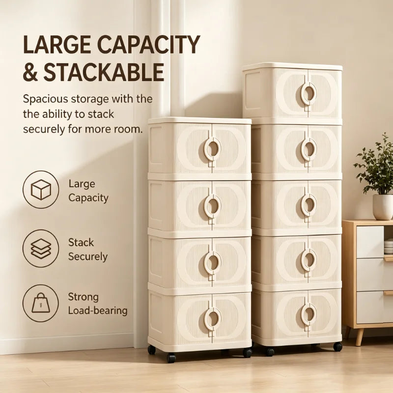 Beige foldable storage cabinet, no assembly needed, stackable featuring magnetic closure doors and 360° lockable silent wheels. Large capacity space-saving rolling storage box