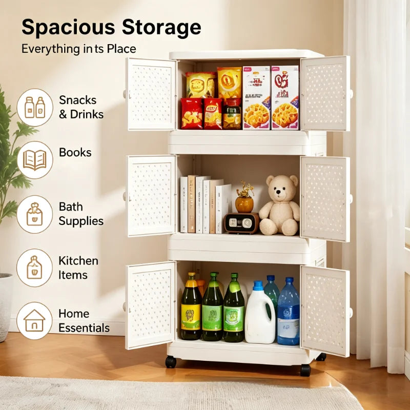 Cream-colored Foldable Storage Cabinet, No Assembly Needed, Stackable and Foldable Plastic Storage Box with a Breathable Woven Hollow Design, Magnetic Double Doors with Round White Knob Handles, 360° Silent Wheels, Wall-Moun