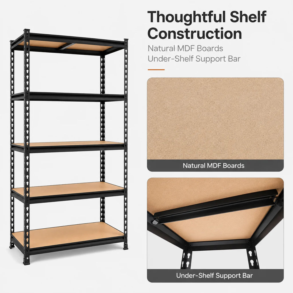 Heavy Duty 5-Tier Metal Shelving Unit with MDF Shelves, Adjustable Boltless Storage Rack Utility Organizer for Garage Basement Pantry