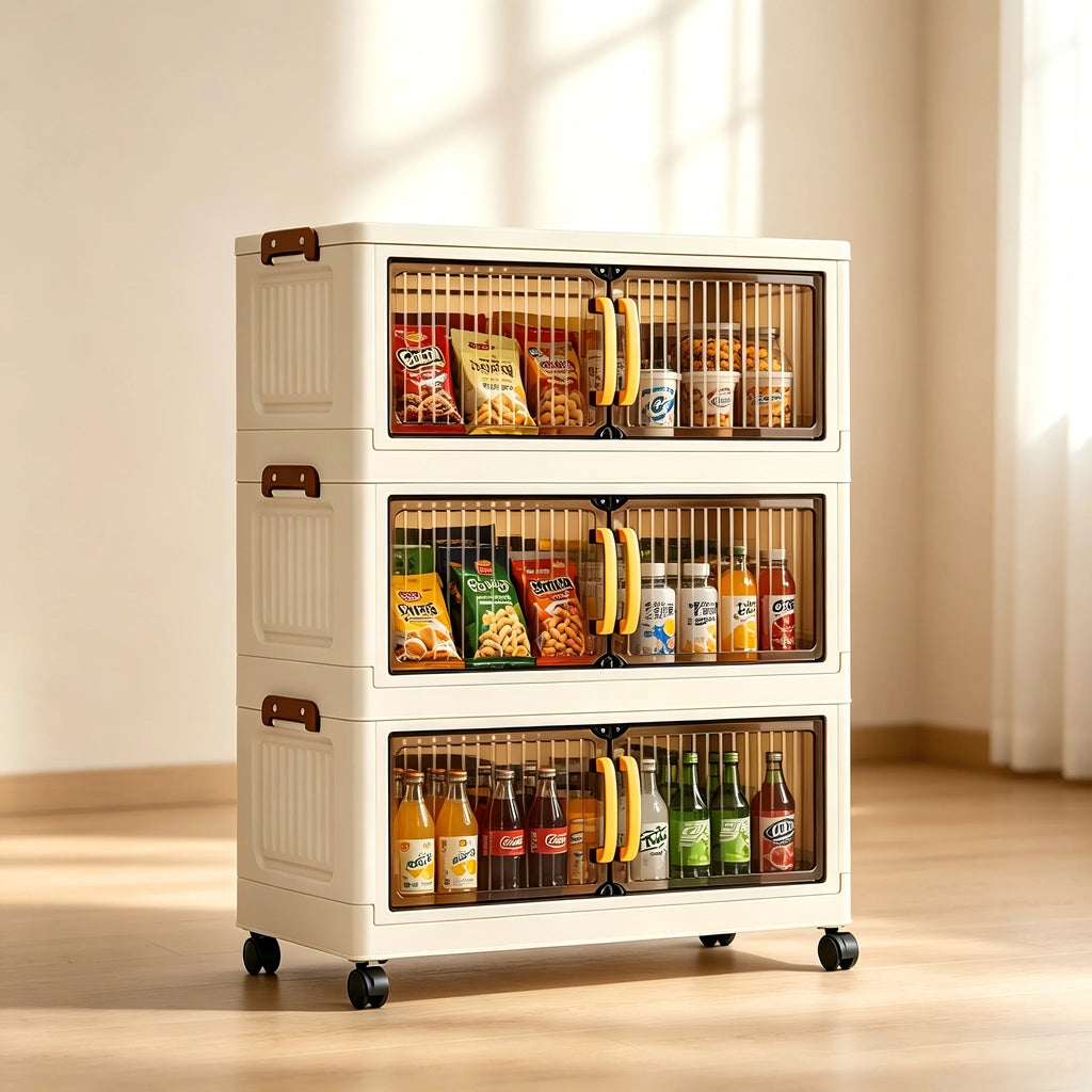 23.62in 3/4/5 Tier Foldable Plastic Storage Cabinet with Wheels, Double Transparent Door Organizer, Large Storage Chest, Latches for multi-room use
