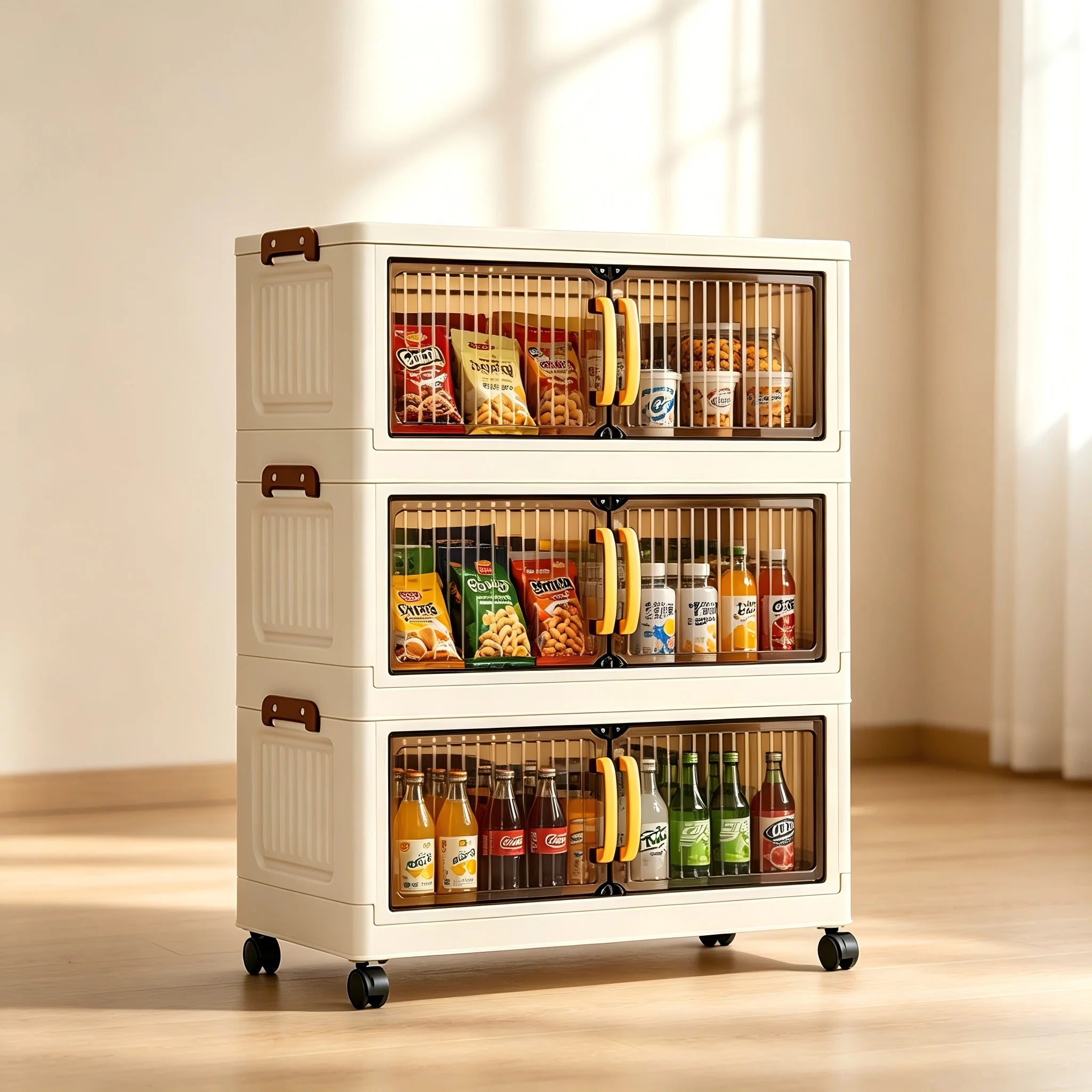 23.62in 3/4/5 Tier Foldable Plastic Storage Cabinet with Wheels, Double Transparent Door Organizer, Large Storage Chest, Latches for multi-room use