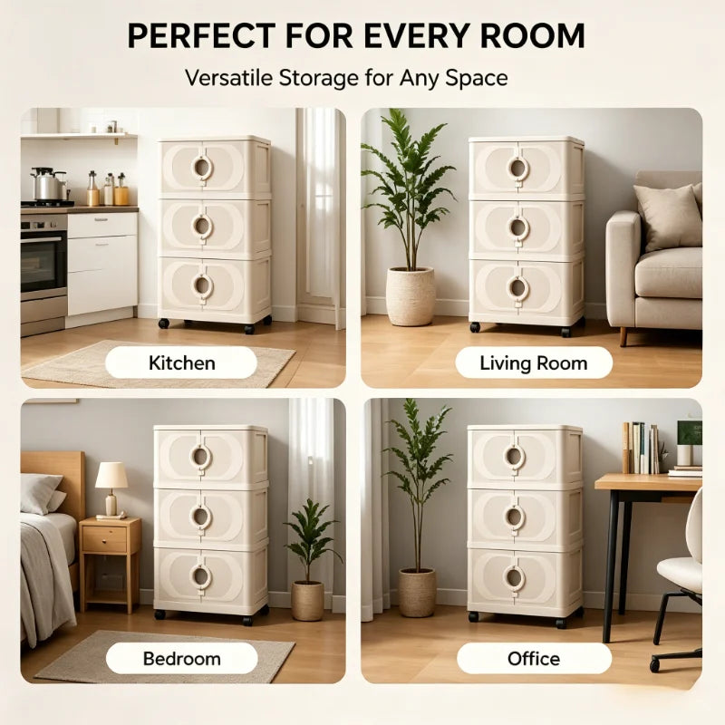 Beige foldable storage cabinet, no assembly needed, stackable featuring magnetic closure doors and 360° lockable silent wheels. Large capacity space-saving rolling storage box