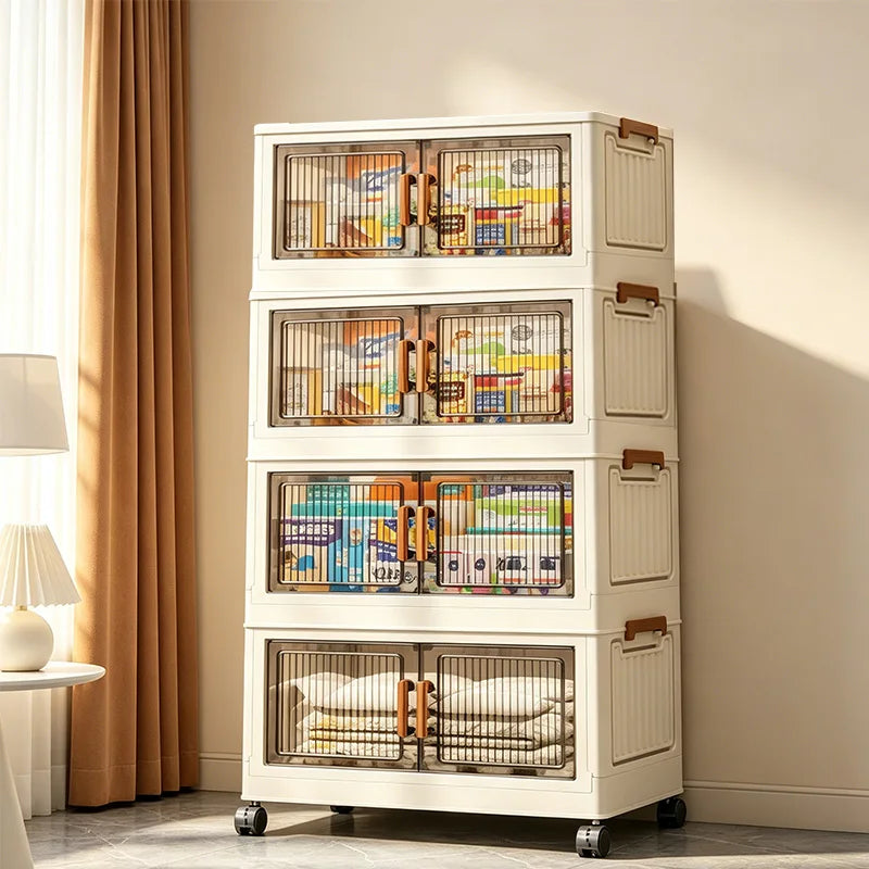 19.7in 3/4/5/6-Tier Plastic Foldable Storage Cabinet with Wheels with Magnetic Doors, Collapsible No Assembly Required, Beige