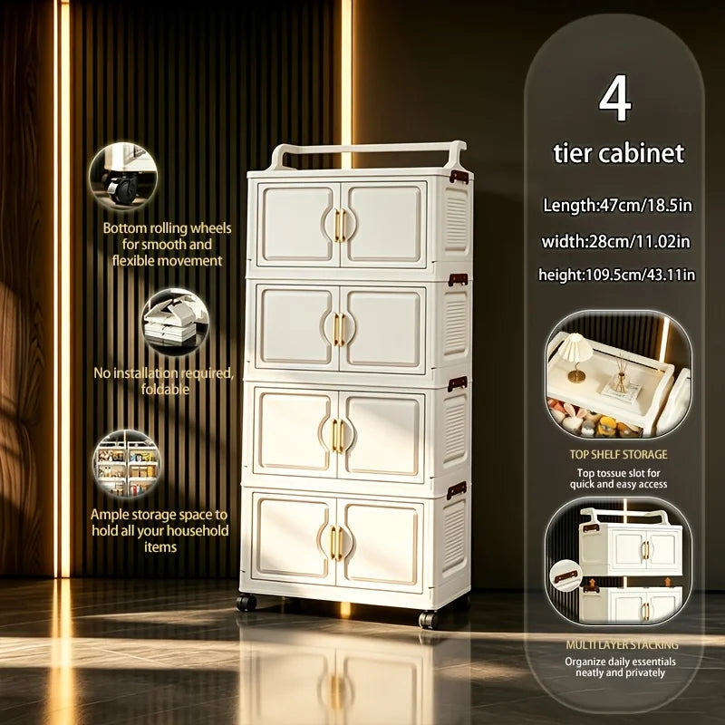 Cream white foldable storage cabinet, no assembly needed, stackable and collapsible plastic storage box, with gold double door handles and safety side latches, top handle for carrying, quiet rollers, slim narrow dustproof