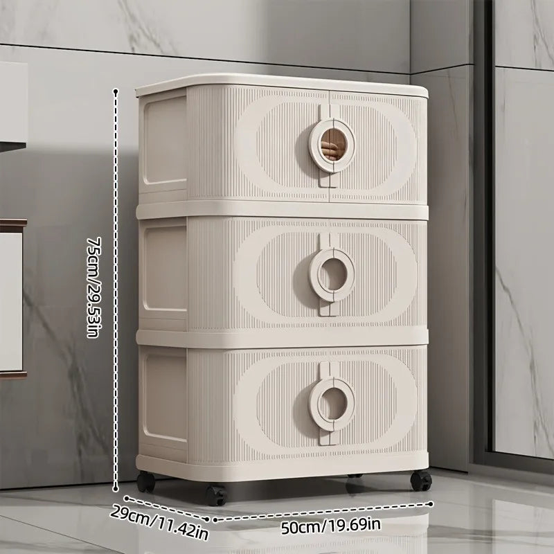 Beige foldable storage cabinet, no assembly needed, stackable featuring magnetic closure doors and 360° lockable silent wheels. Large capacity space-saving rolling storage box