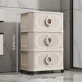 Beige foldable storage cabinet, no assembly needed, stackable featuring magnetic closure doors and 360° lockable silent wheels. Large capacity space-saving rolling storage box