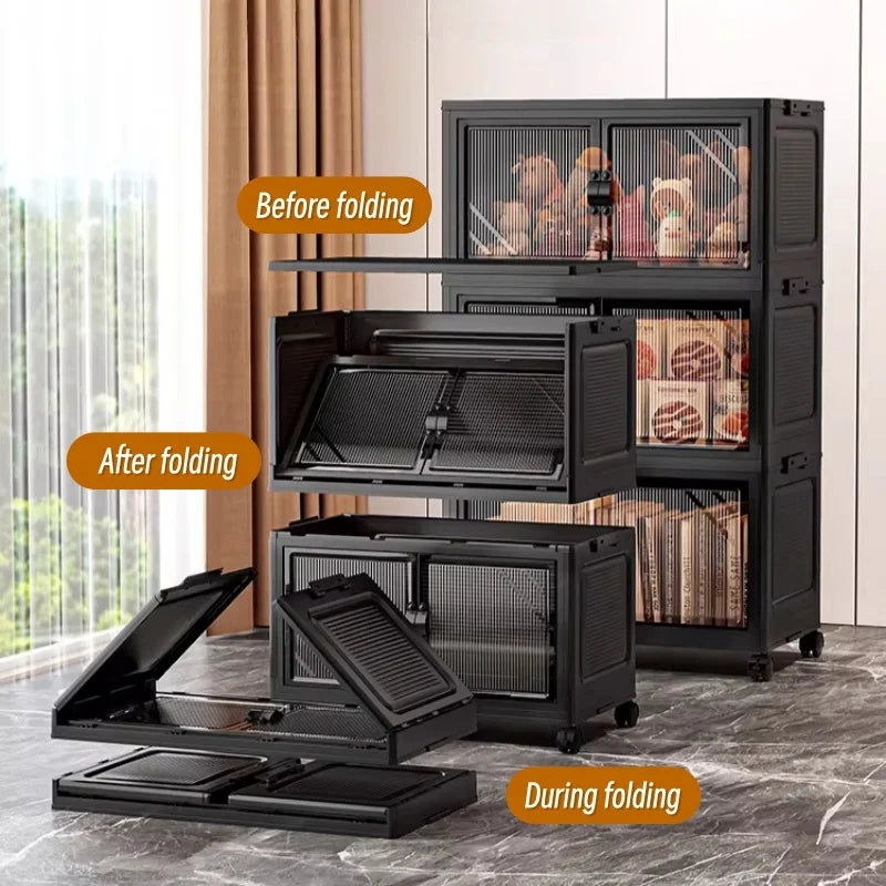 3/4/5/6-Tier Foldable Storage Cabinet with Clear Double Doors, Foldable and Stackable Plastic Storage Boxes with Wheels, Large-Capacity Rolling Organizer