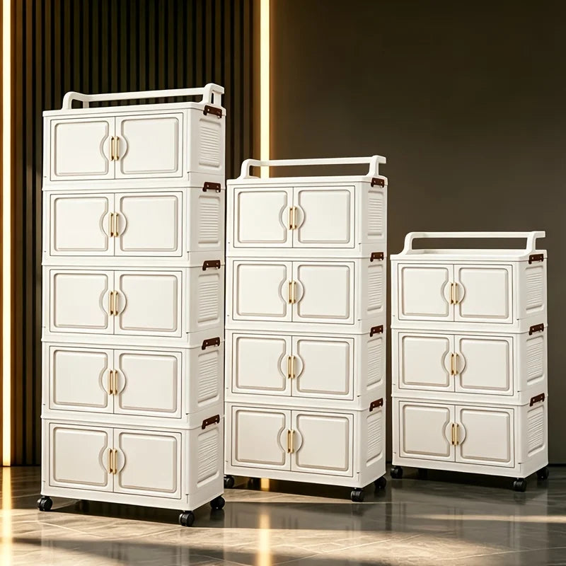 Cream white foldable storage cabinet, no assembly needed, stackable and collapsible plastic storage box, with gold double door handles and safety side latches, top handle for carrying, quiet rollers, slim narrow dustproof