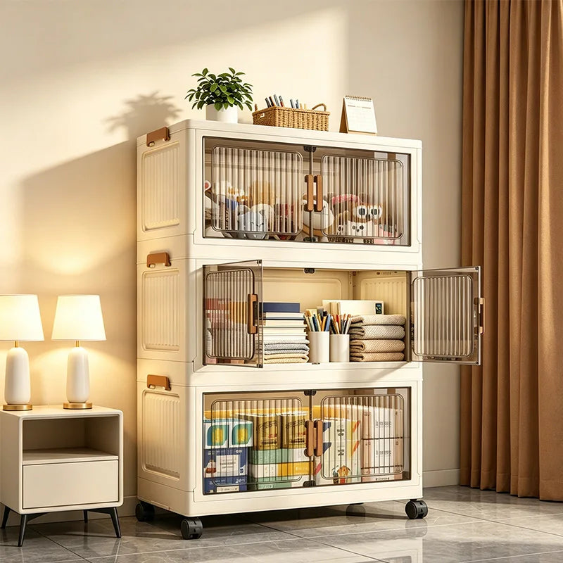 19.7in 3/4/5/6-Tier Plastic Foldable Storage Cabinet with Wheels with Magnetic Doors, Collapsible No Assembly Required, Beige
