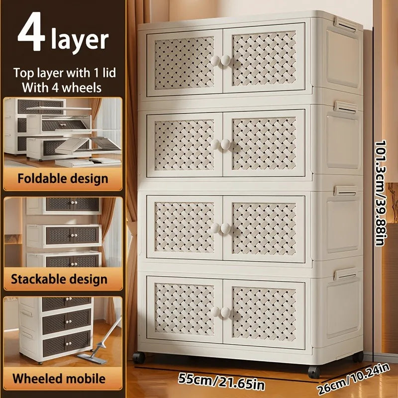 Cream-colored Foldable Storage Cabinet, No Assembly Needed, Stackable and Foldable Plastic Storage Box with a Breathable Woven Hollow Design, Magnetic Double Doors with Round White Knob Handles, 360° Silent Wheels, Wall-Moun