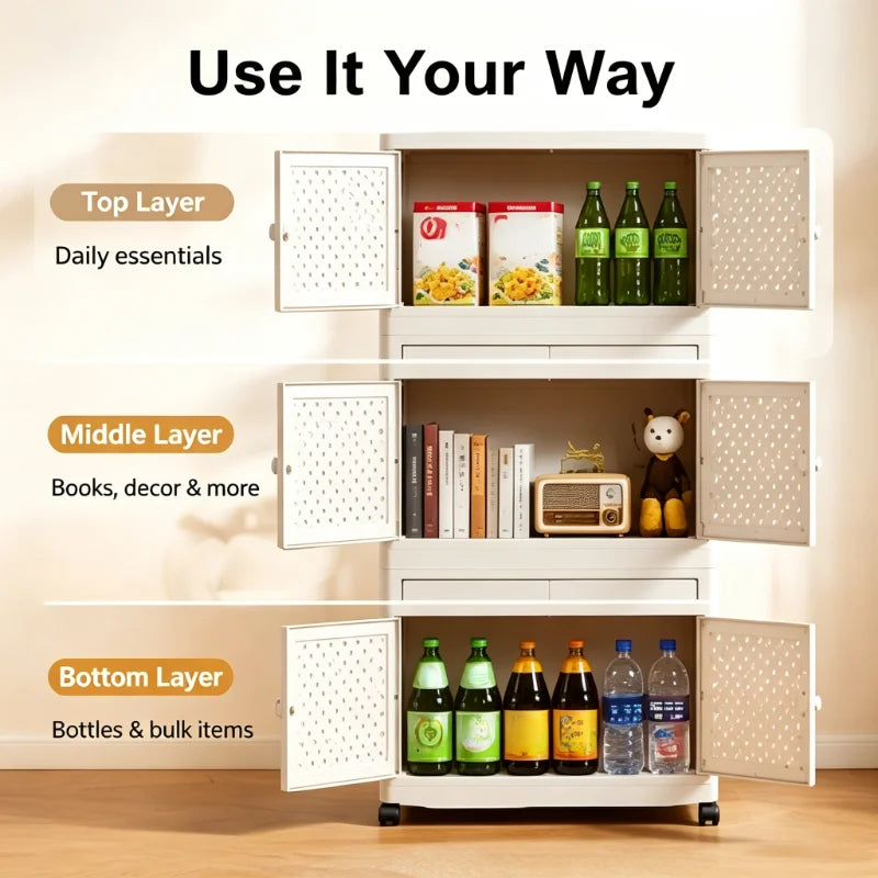 Cream-colored Foldable Storage Cabinet, No Assembly Needed, Stackable and Foldable Plastic Storage Box with a Breathable Woven Hollow Design, Magnetic Double Doors with Round White Knob Handles, 360° Silent Wheels, Wall-Moun