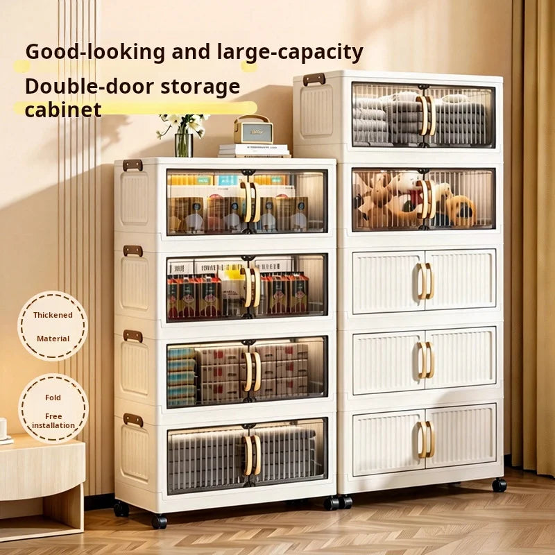 23.62in 3/4/5 Tier Foldable Plastic Storage Cabinet with Wheels, Double Transparent Door Organizer, Large Storage Chest, Latches for multi-room use