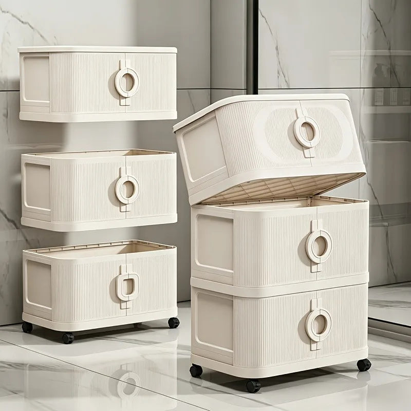 Beige foldable storage cabinet, no assembly needed, stackable featuring magnetic closure doors and 360° lockable silent wheels. Large capacity space-saving rolling storage box