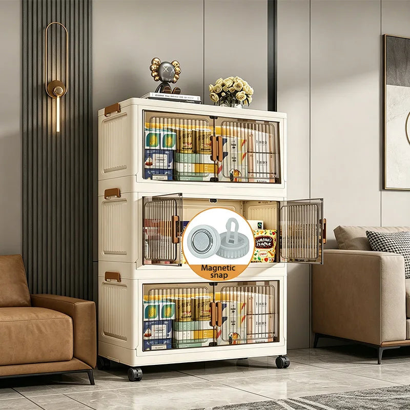 19.7in 3/4/5/6-Tier Plastic Foldable Storage Cabinet with Wheels with Magnetic Doors, Collapsible No Assembly Required, Beige