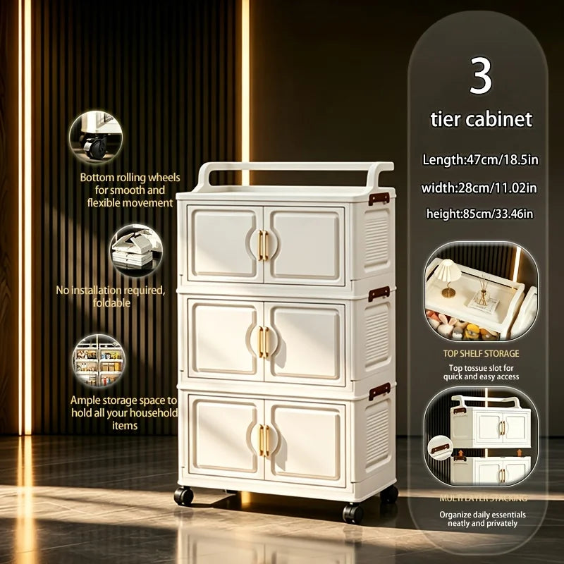 Cream white foldable storage cabinet, no assembly needed, stackable and collapsible plastic storage box, with gold double door handles and safety side latches, top handle for carrying, quiet rollers, slim narrow dustproof