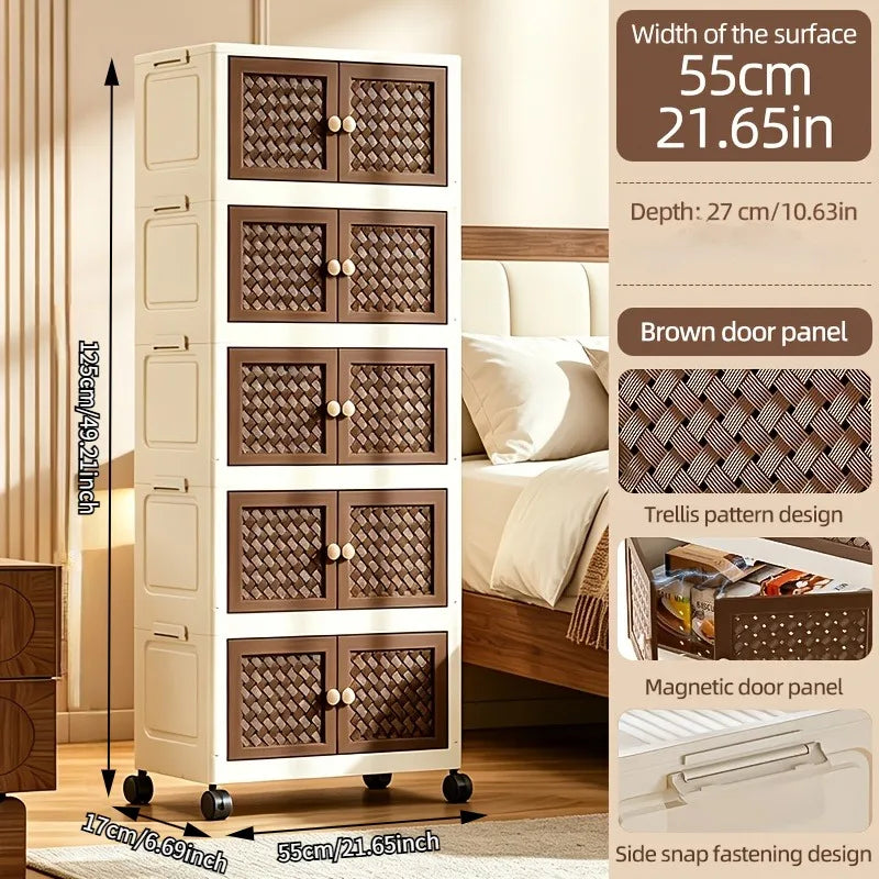 Multi-layer foldable and stackable plastic storage cabinet, no assembly needed, foldable rolling storage box with magnetic breathable woven double doors and round ball handles, 55×27 cm storage box, side clasps and swivel wh