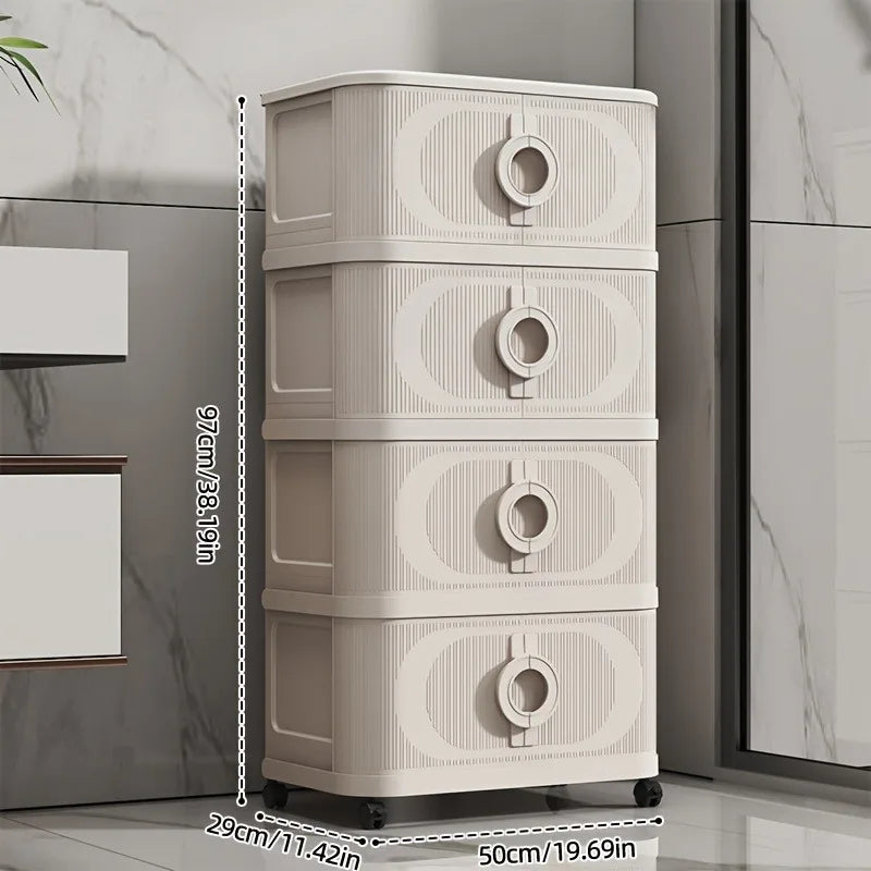 Beige foldable storage cabinet, no assembly needed, stackable featuring magnetic closure doors and 360° lockable silent wheels. Large capacity space-saving rolling storage box