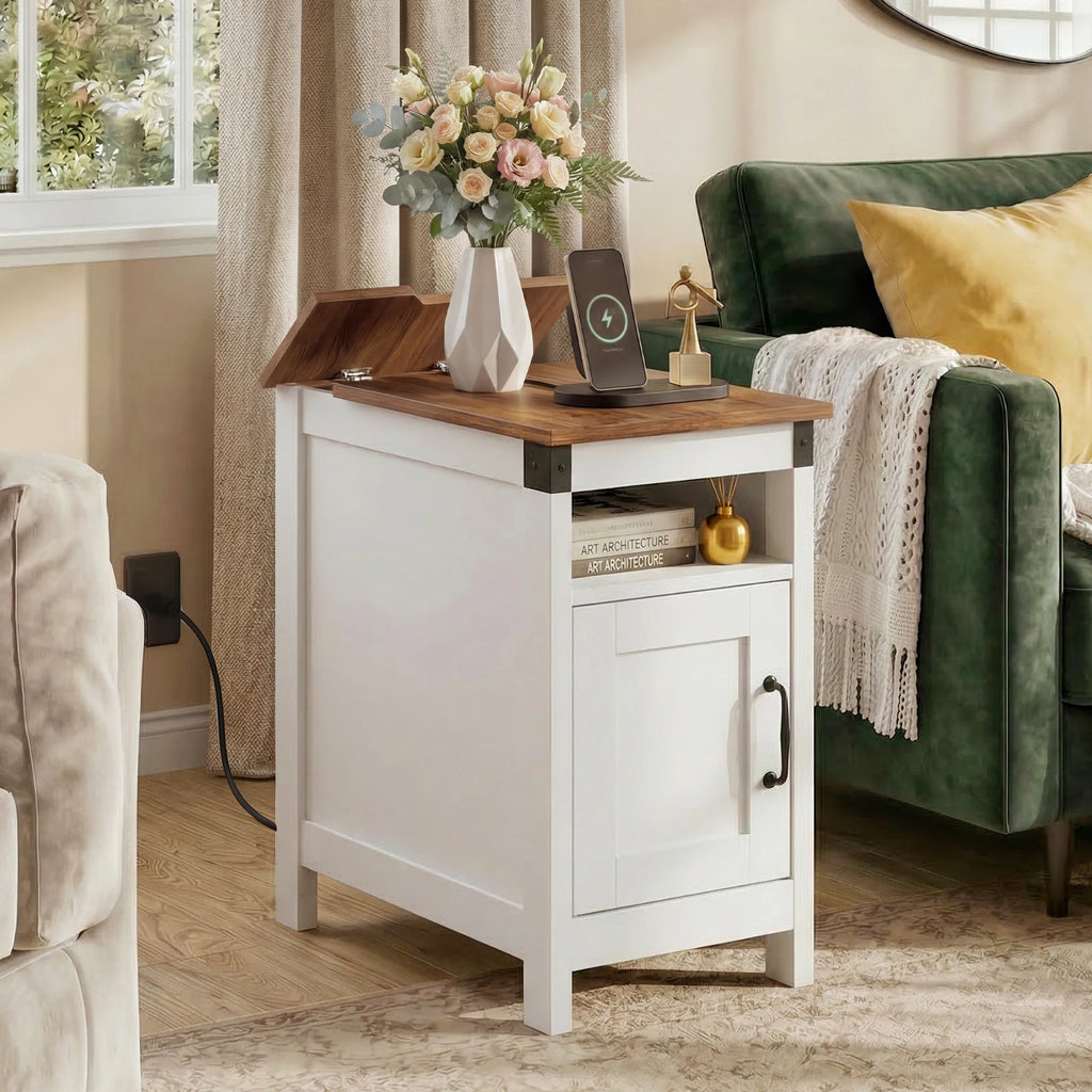 1pc Narrow End Table with Charging Station, Farmhouse Night Stand with Storage, Small Wooden Cabinet with USB Ports and Outlets