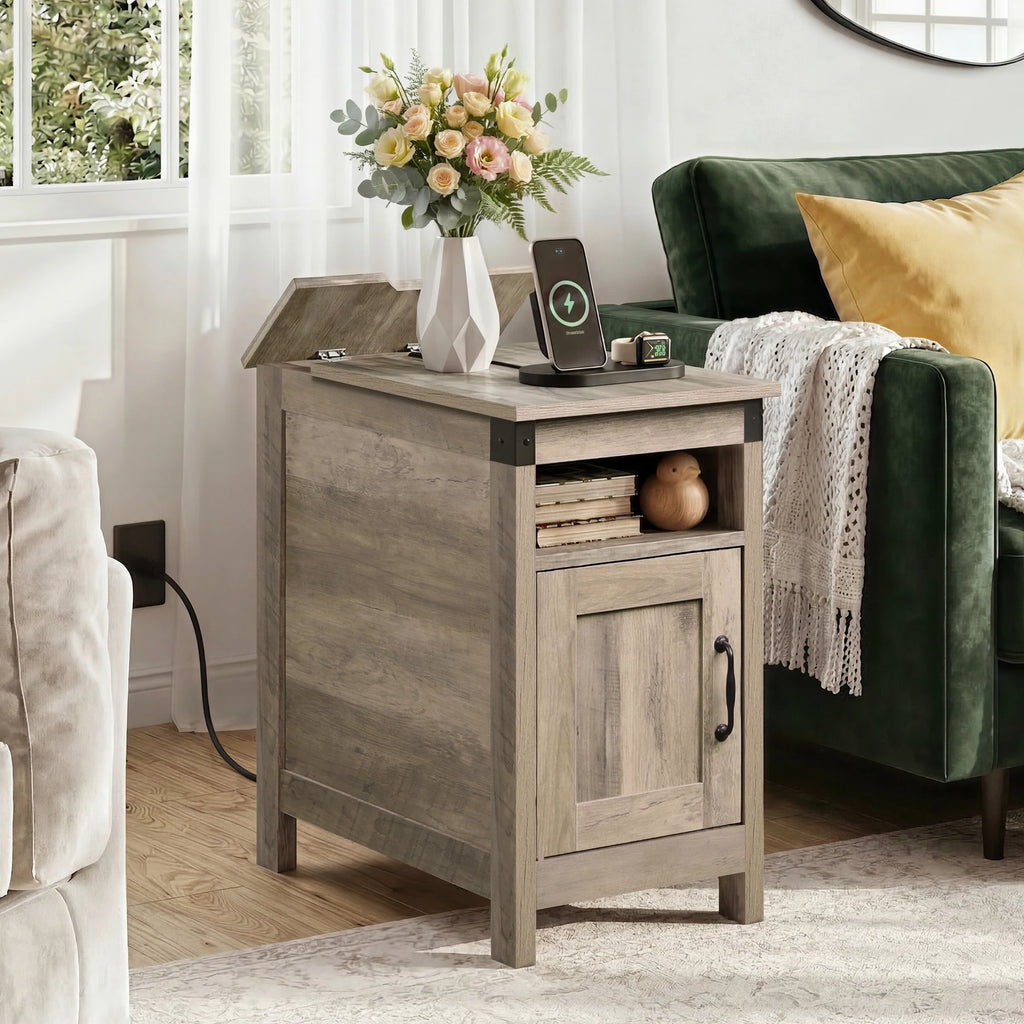 1pc Narrow End Table with Charging Station, Farmhouse Night Stand with Storage, Small Wooden Cabinet with USB Ports and Outlets