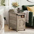 1pc Narrow End Table with Charging Station, Farmhouse Night Stand with Storage, Small Wooden Cabinet with USB Ports and Outlets