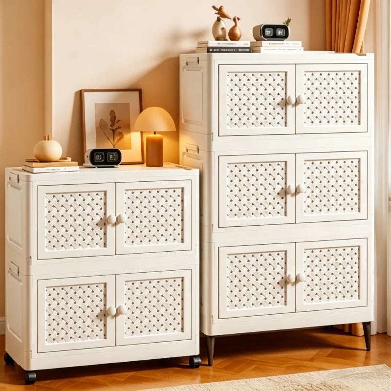 Cream-colored Foldable Storage Cabinet, No Assembly Needed, Stackable and Foldable Plastic Storage Box with a Breathable Woven Hollow Design, Magnetic Double Doors with Round White Knob Handles, 360° Silent Wheels, Wall-Moun