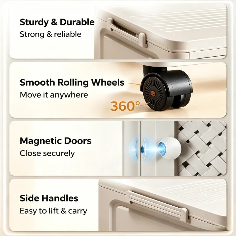 Cream-colored Foldable Storage Cabinet, No Assembly Needed, Stackable and Foldable Plastic Storage Box with a Breathable Woven Hollow Design, Magnetic Double Doors with Round White Knob Handles, 360° Silent Wheels, Wall-Moun