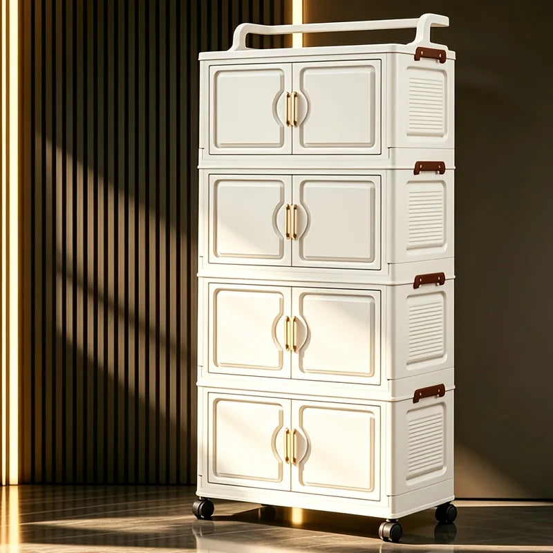 Cream white foldable storage cabinet, no assembly needed, stackable and collapsible plastic storage box, with gold double door handles and safety side latches, top handle for carrying, quiet rollers, slim narrow dustproof