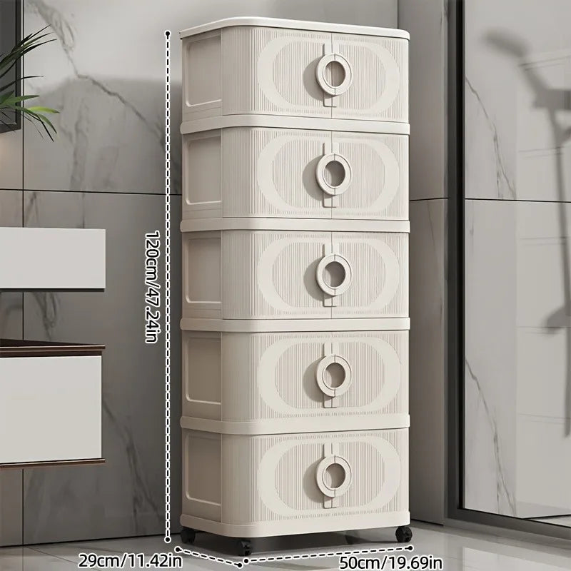Beige foldable storage cabinet, no assembly needed, stackable featuring magnetic closure doors and 360° lockable silent wheels. Large capacity space-saving rolling storage box