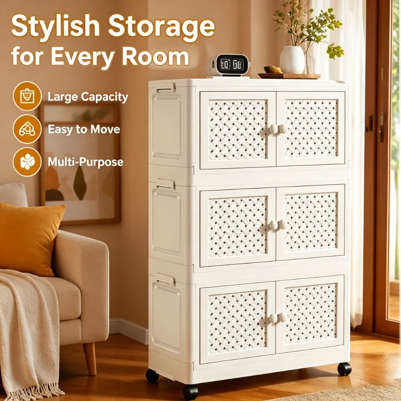 Cream-colored Foldable Storage Cabinet, No Assembly Needed, Stackable and Foldable Plastic Storage Box with a Breathable Woven Hollow Design, Magnetic Double Doors with Round White Knob Handles, 360° Silent Wheels, Wall-Moun