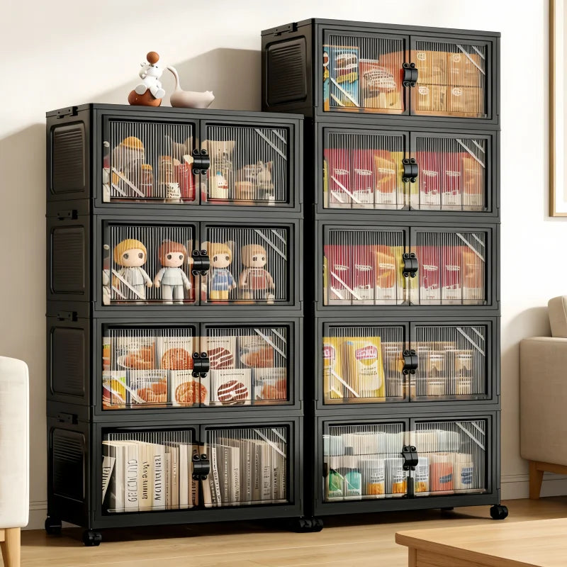 3/4/5/6-Tier Foldable Storage Cabinet with Clear Double Doors, Foldable and Stackable Plastic Storage Boxes with Wheels, Large-Capacity Rolling Organizer
