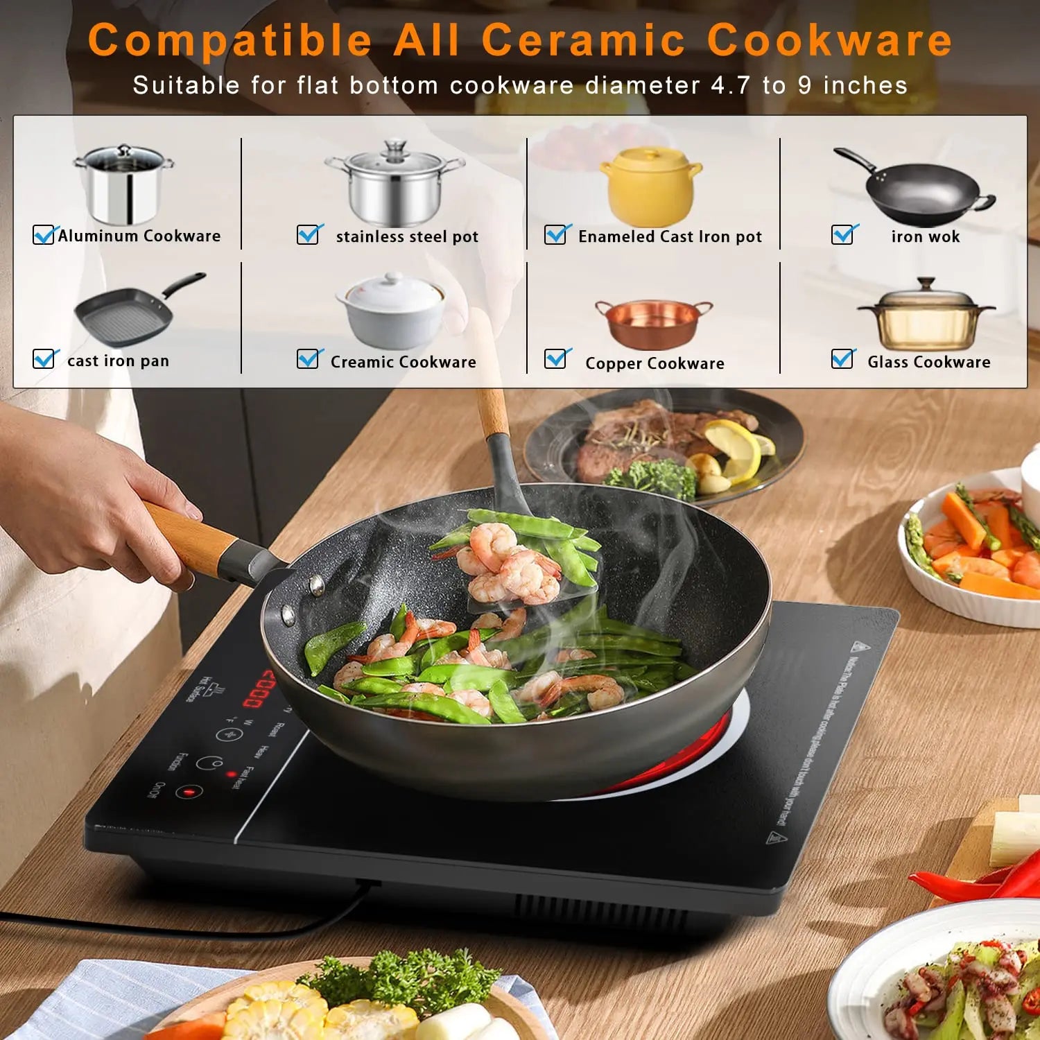 Portable Electric Cooktop, Single Burner Ceramic with Touch Control, Child Safety Lock, Timer, Residual Heat Indicator, Overheat Protection, 1800W 110V Infrared Burner | Sensor Touch Control