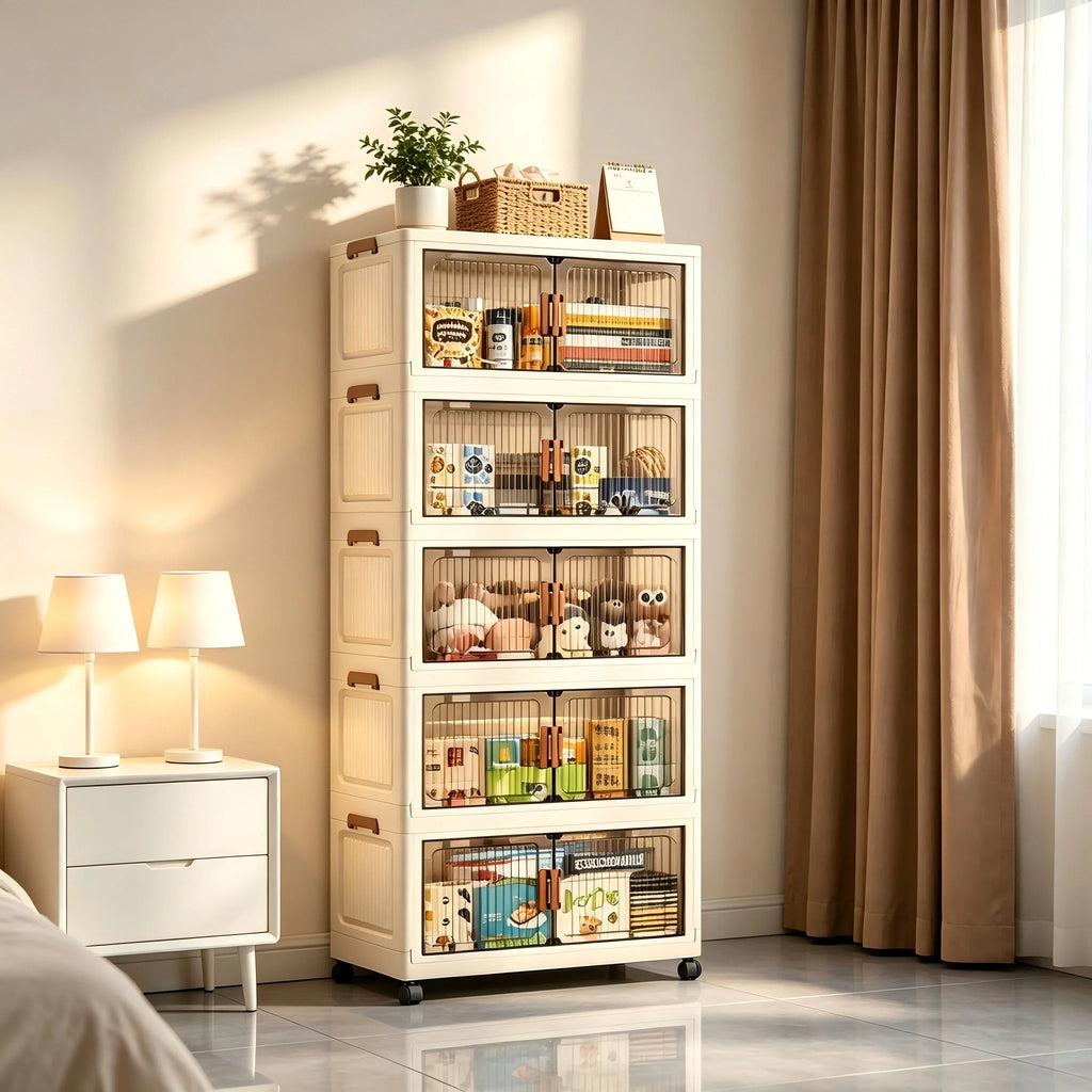 19.7in 3/4/5/6-Tier Plastic Foldable Storage Cabinet with Wheels with Magnetic Doors, Collapsible No Assembly Required, Beige
