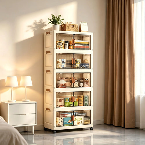 19.7in 3/4/5/6-Tier Foldable Storage Cabinet with Wheels, Stackable  with Magnetic Doors, Shelf No Assembly Required, Beige