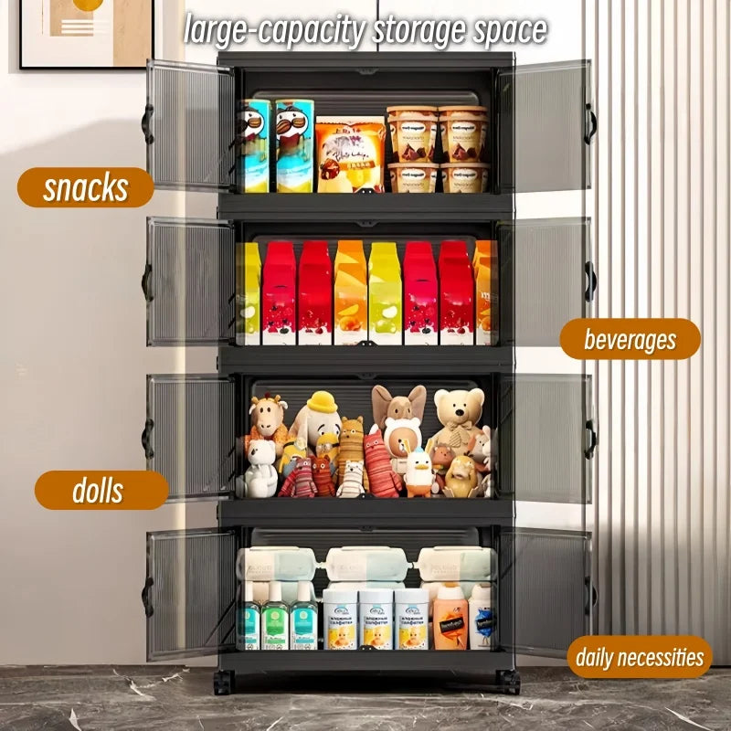 3/4/5/6-Tier Foldable Storage Cabinet with Clear Double Doors, Foldable and Stackable Plastic Storage Boxes with Wheels, Large-Capacity Rolling Organizer