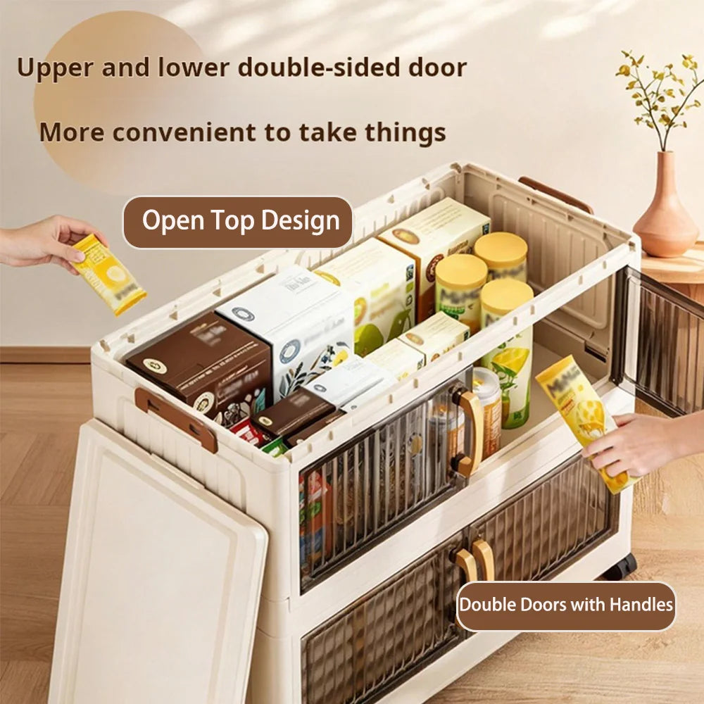 23.62in 3/4/5 Tier Foldable Plastic Storage Cabinet with Wheels, Double Transparent Door Organizer, Large Storage Chest, Latches for multi-room use