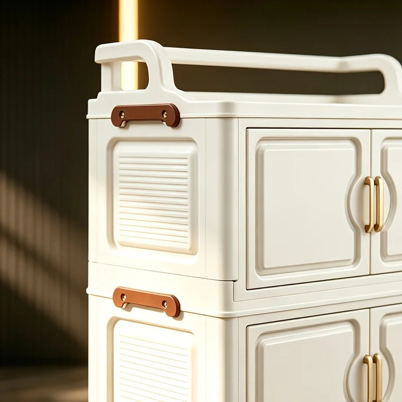 Cream white foldable storage cabinet, no assembly needed, stackable and collapsible plastic storage box, with gold double door handles and safety side latches, top handle for carrying, quiet rollers, slim narrow dustproof