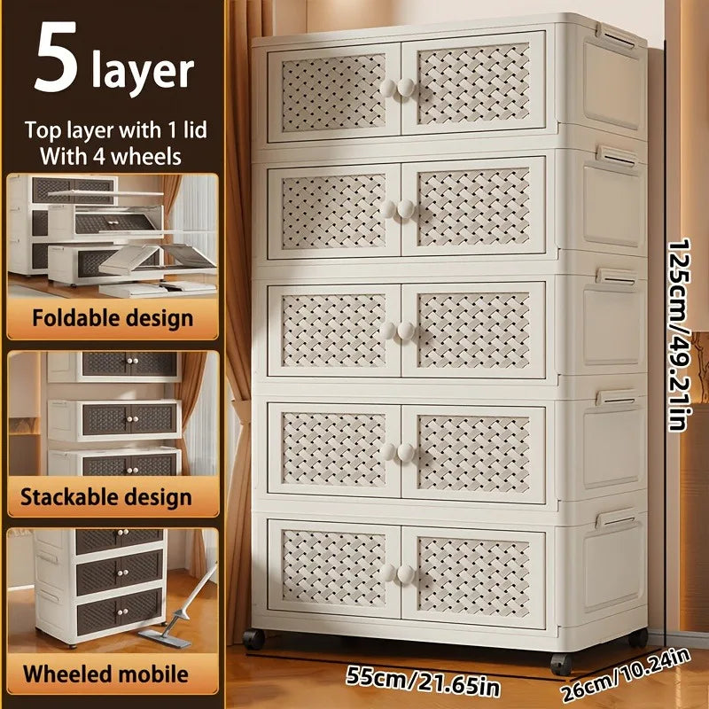 Cream-colored Foldable Storage Cabinet, No Assembly Needed, Stackable and Foldable Plastic Storage Box with a Breathable Woven Hollow Design, Magnetic Double Doors with Round White Knob Handles, 360° Silent Wheels, Wall-Moun