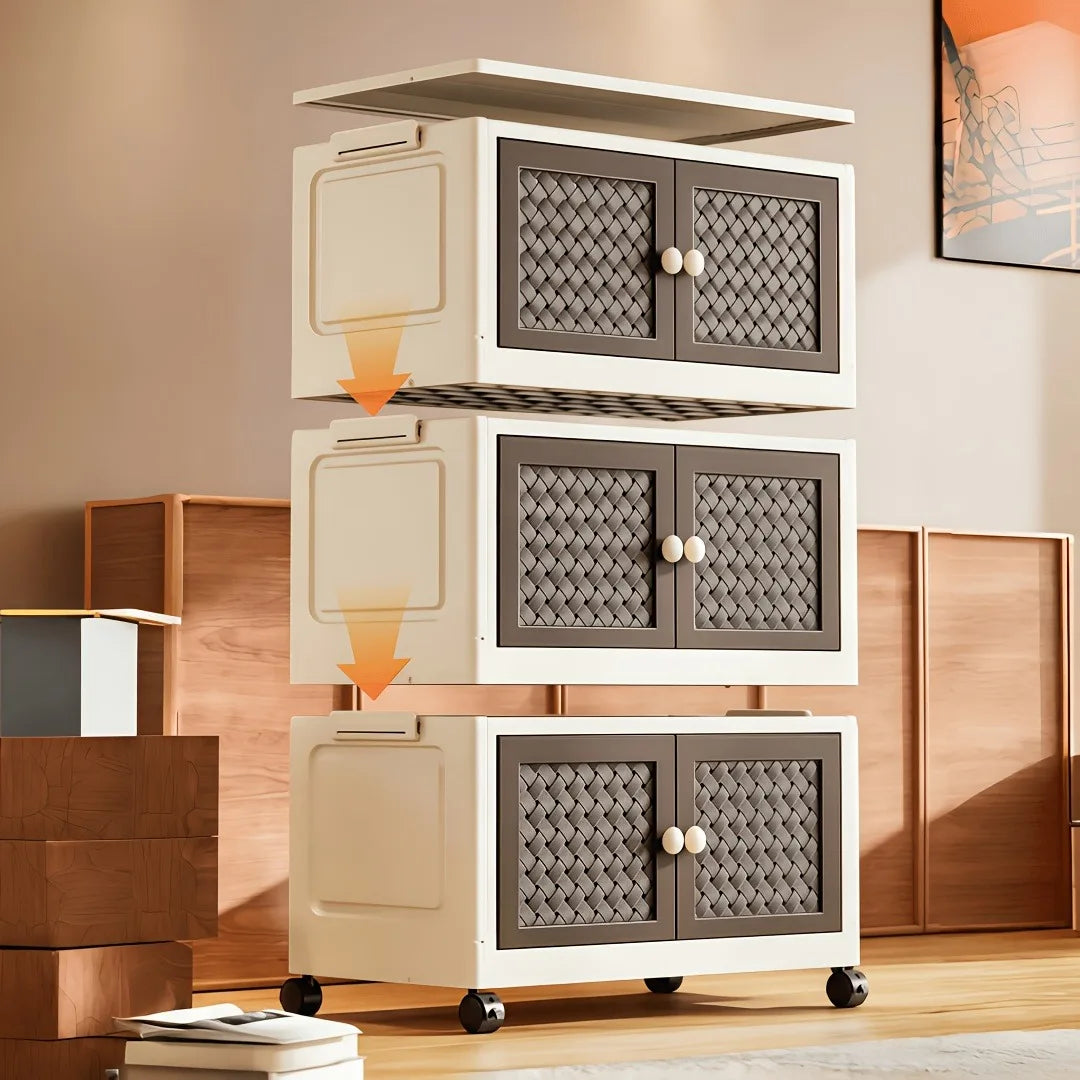 Multi-layer foldable and stackable plastic storage cabinet, no assembly needed, foldable rolling storage box with magnetic breathable woven double doors and round ball handles, 55×27 cm storage box, side clasps and swivel wh